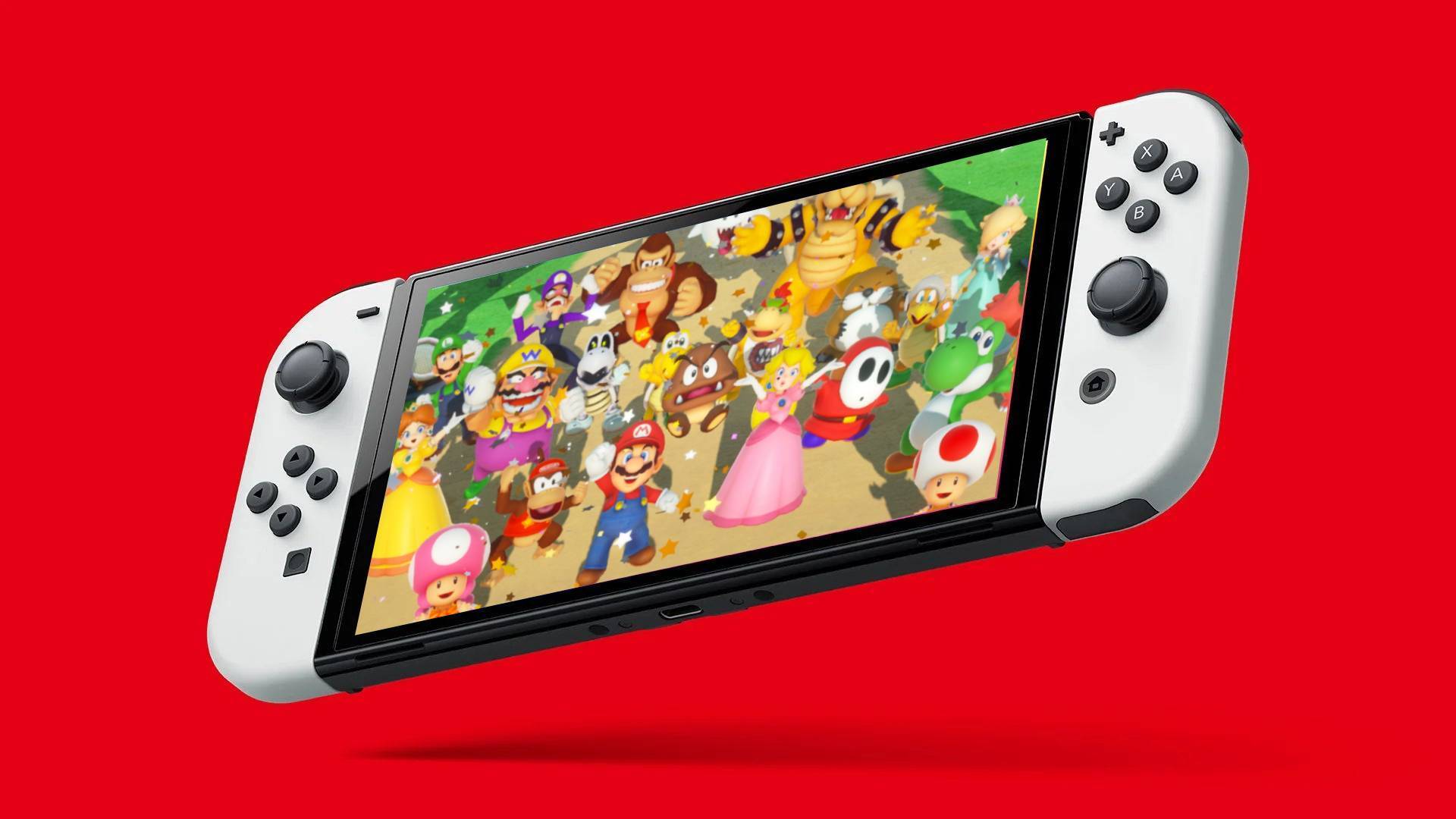 A Switch 2 displays Mario and friends.