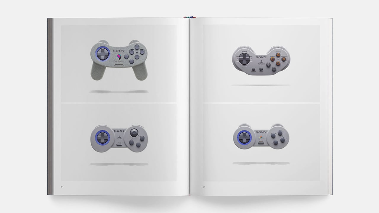 A photo of a book shows several iterations of the original PlayStation controller.