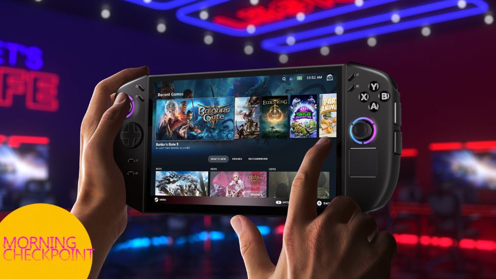 A Legion Go 2 is held up on a show floor.