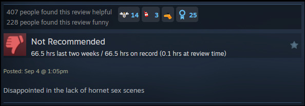 A review reads: "Disappointed in the lack of hornet sex scenes."