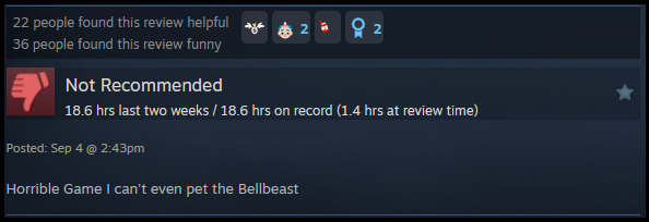 A review reads: "Horrible Game I can't even pet the Bellbeast"