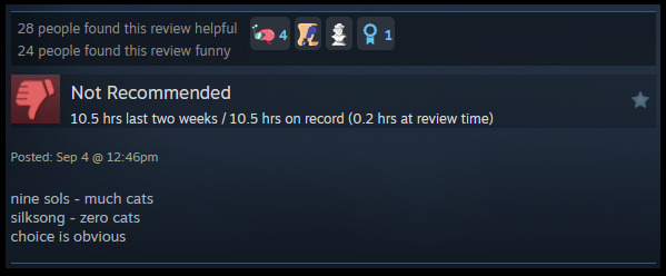 A review reads: "nine sols - much catssilksong - zero cats choice is obvious "