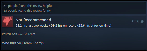 A review reads: "Who hurt you Team Cherry?"