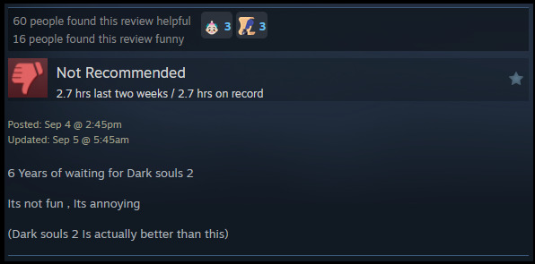 A review reads: "6 Years of waiting for Dark souls 2Its not fun , Its annoying (Dark souls 2 Is actually better than this) "
