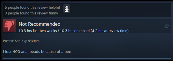 A review reads: "I lost 400 anal beads because of a bee"