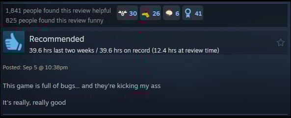 A review reads: "This game is full of bugs... and they're kicking my assIt's really, really good "