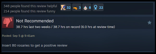 A review reads: "Insert 80 rosaries to get a positive review"