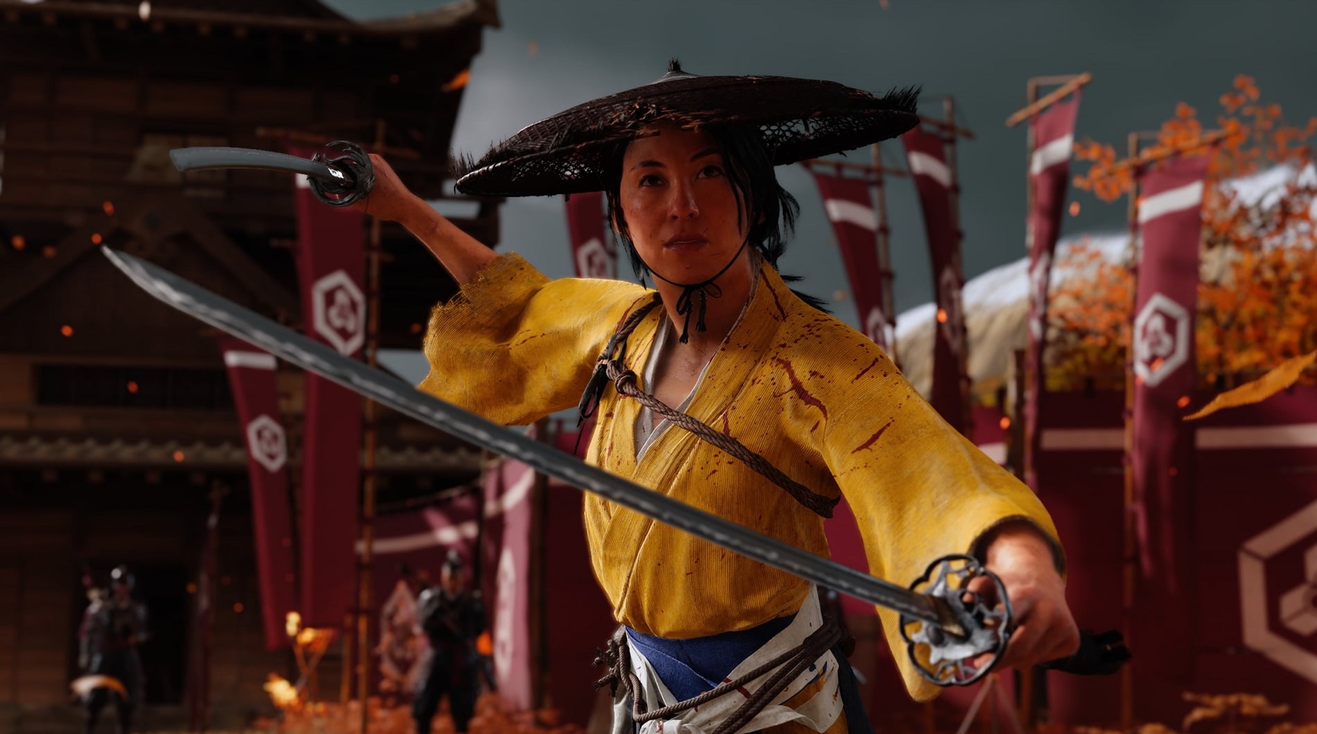 Atsu holds up two swords ready to fight.