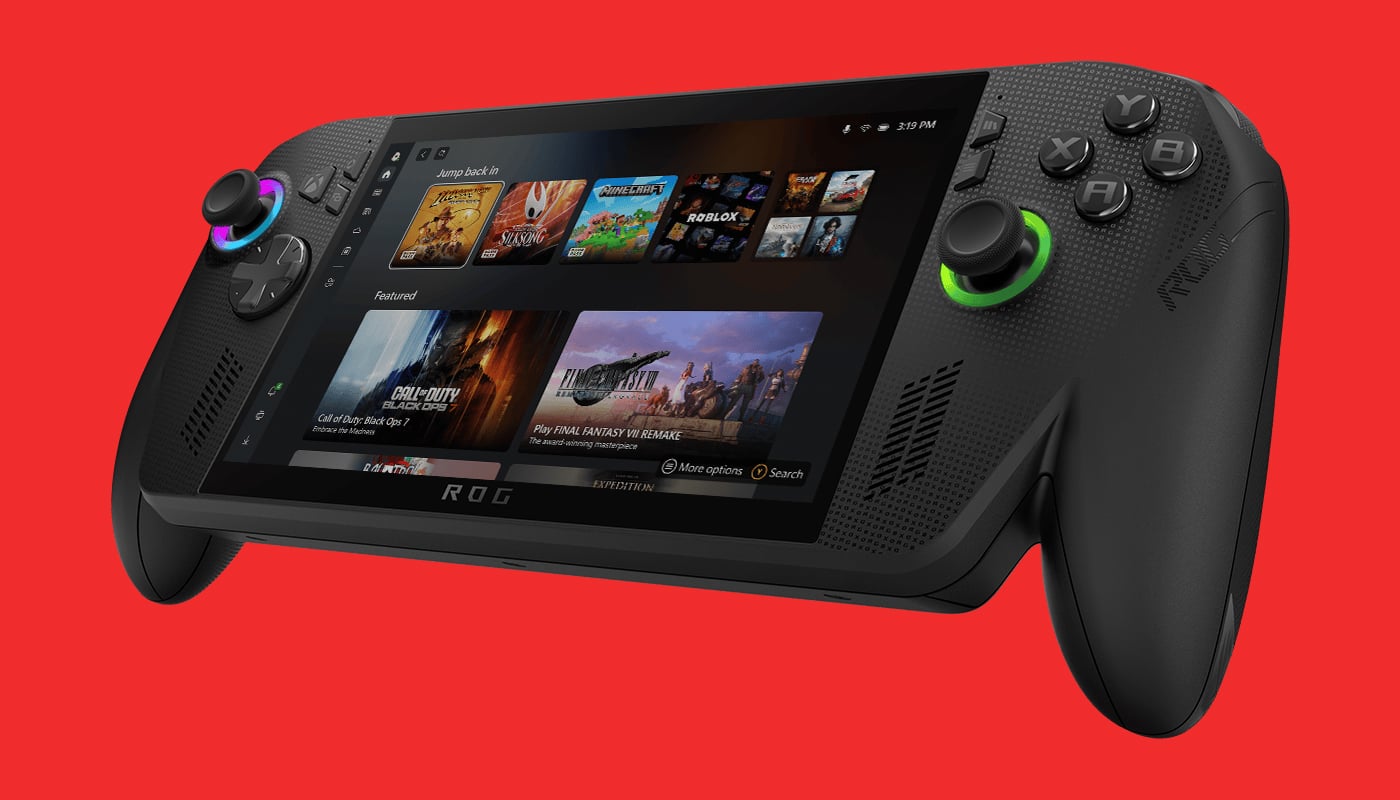 A ROG Xbox Ally floats against a red background.