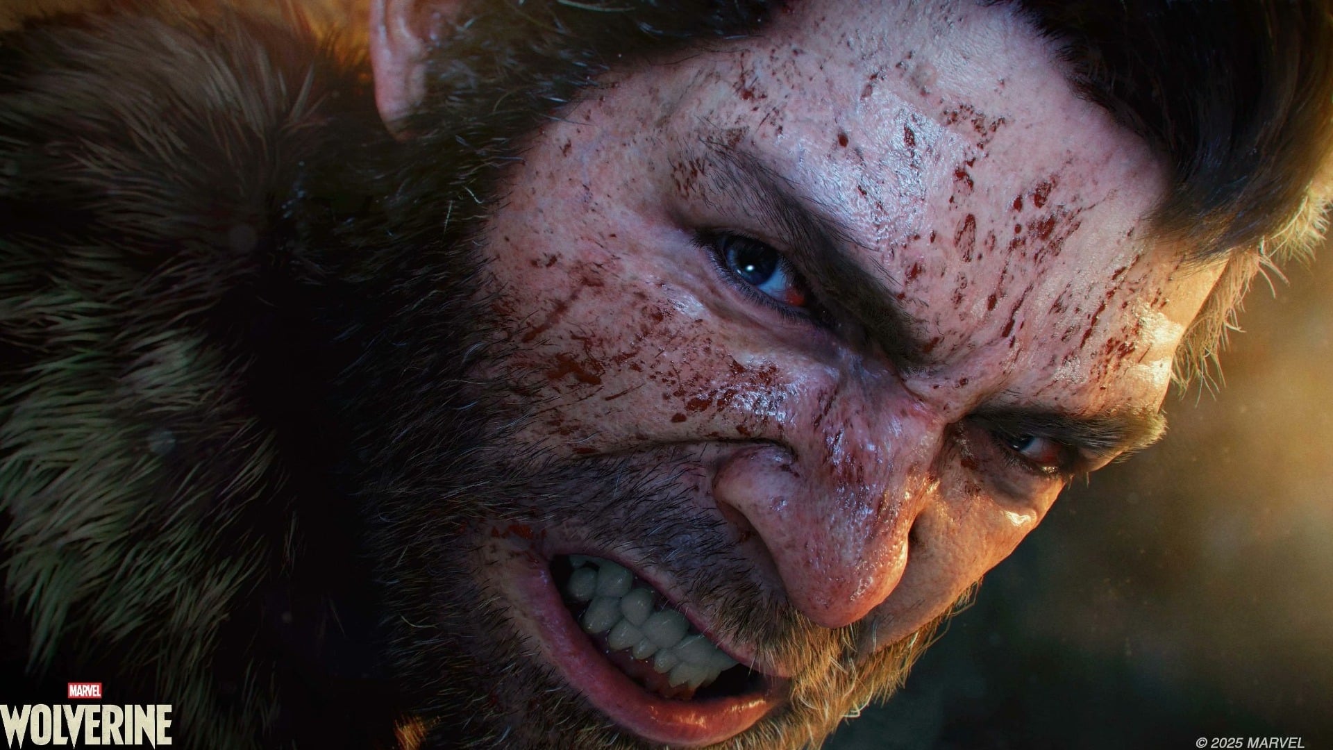 Wolverine snarls at something off-screen with blood on his face