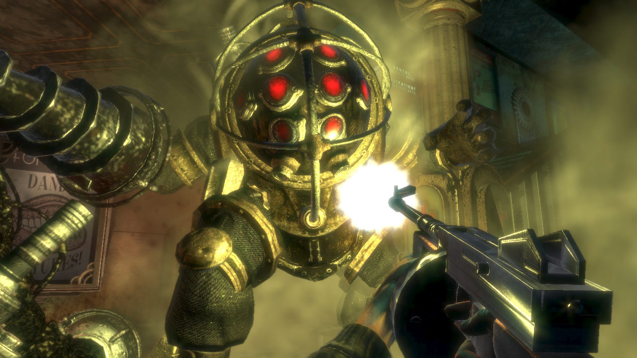 The protagonist of BioShock fires a Tommy gun at a Big Daddy.