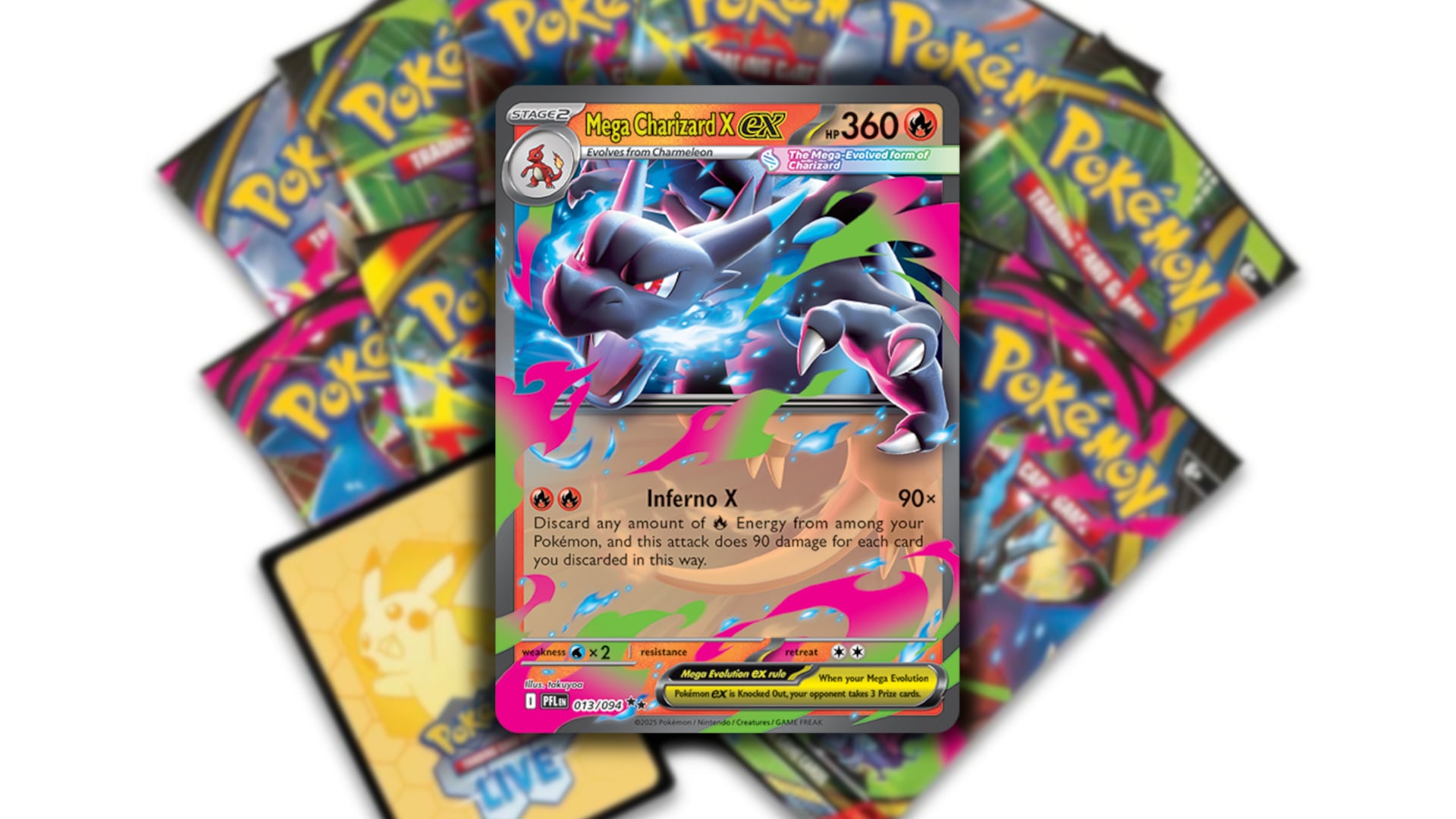 A Mega Evolution Charizard card hovers over a spread of new Pokemon cards.