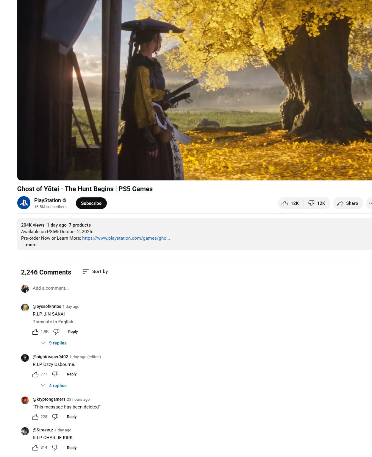 Comments are displayed beneath a Ghost of Yotei trailer.