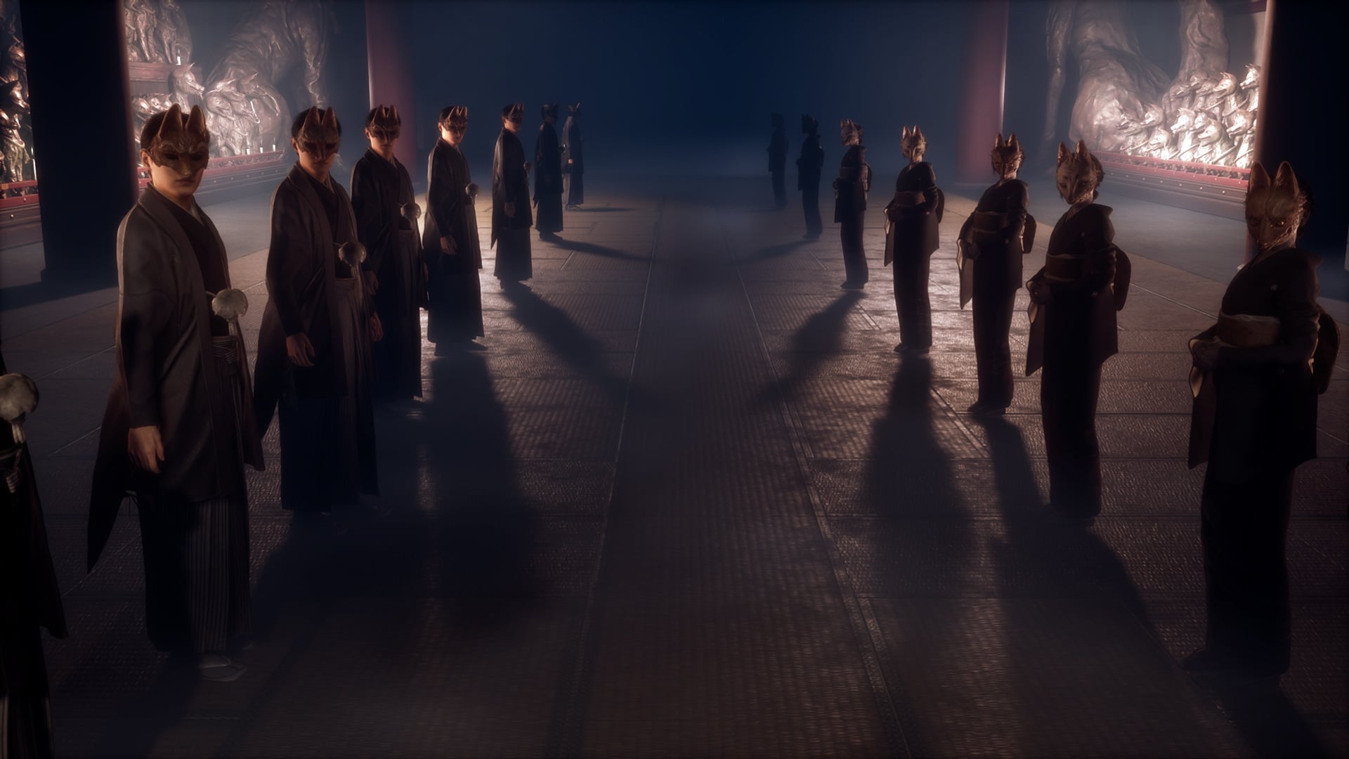 Two lines of people wearing fox masks show everyone looking toward the camera.