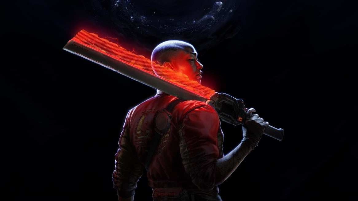 A woman with a laser sword looks over her shoulder.