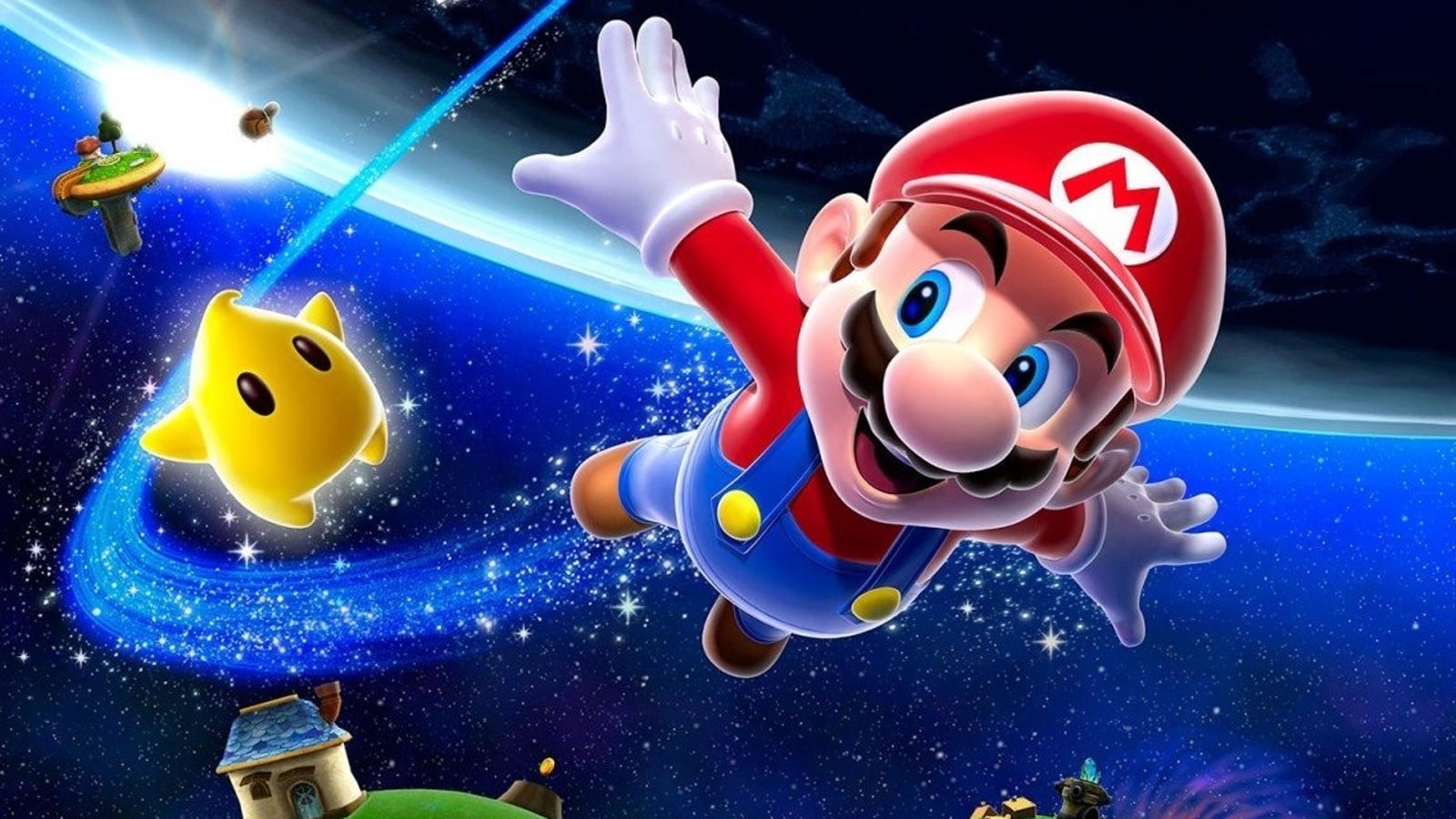 Mario flies through space.