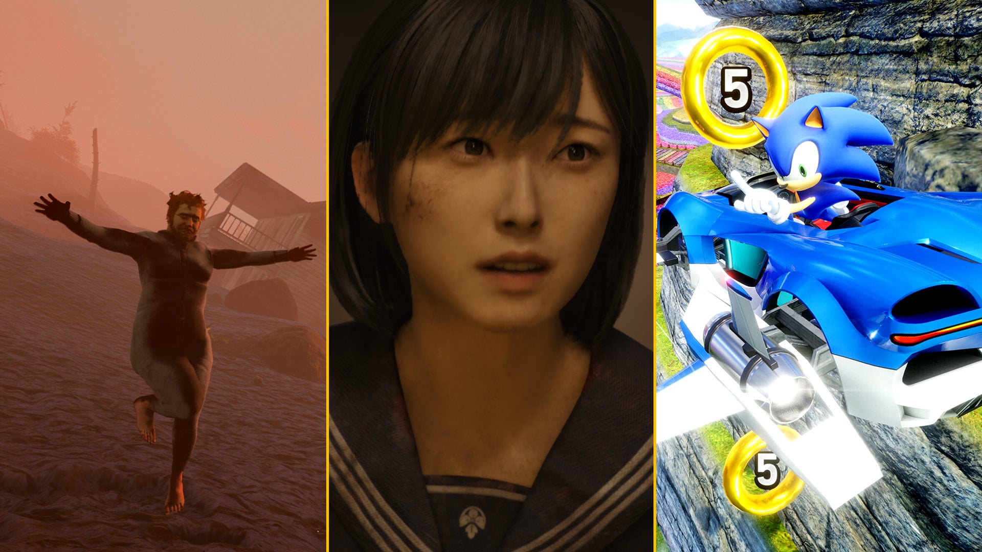 A composite image shows the protagonist of Baby Steps, Silent Hill f, and Sonic arranged in a line.