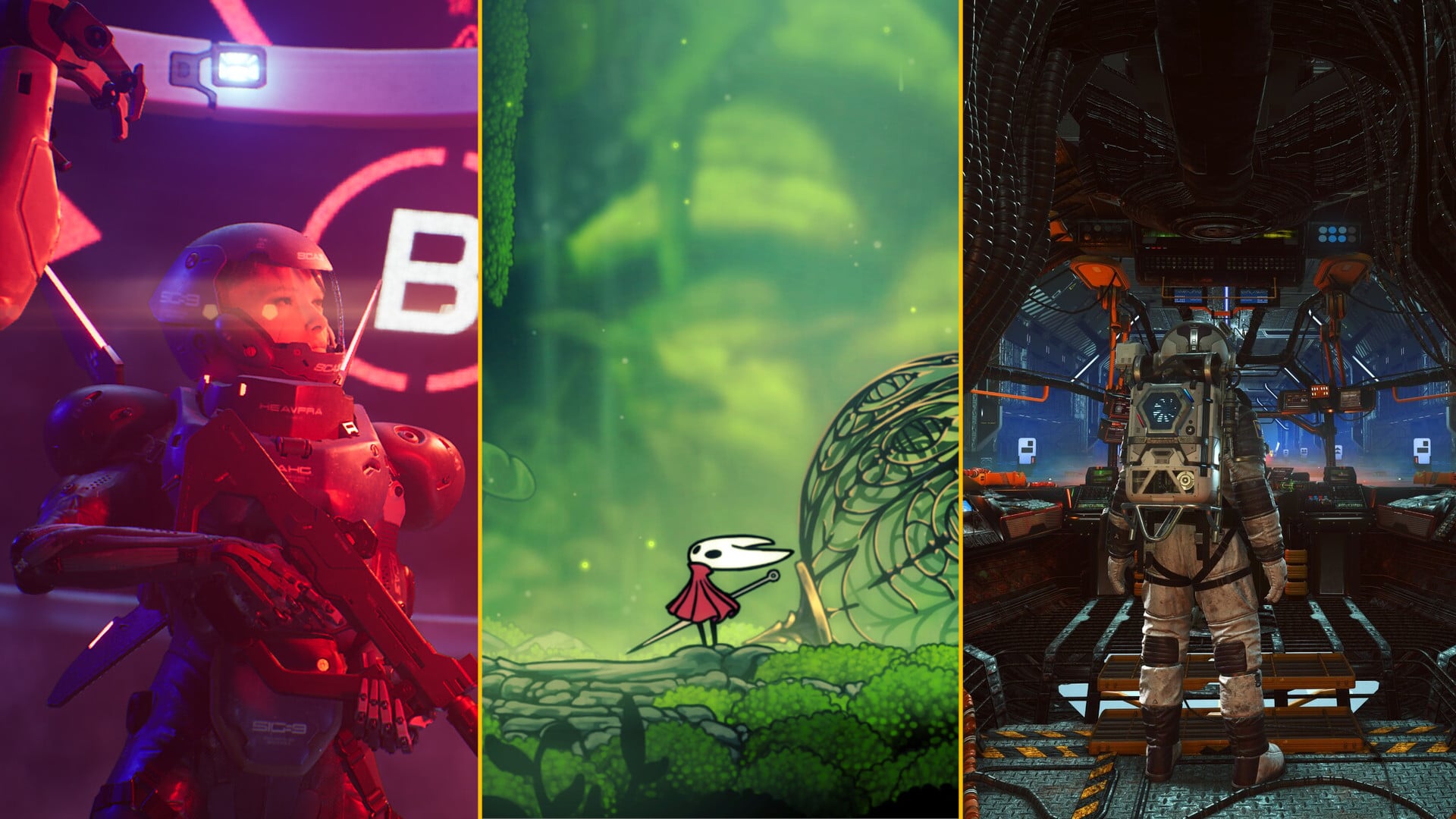 A composite image shows the protagonists of Metal Eden, Silksong, and a No Man's Sky character arranged in a row.