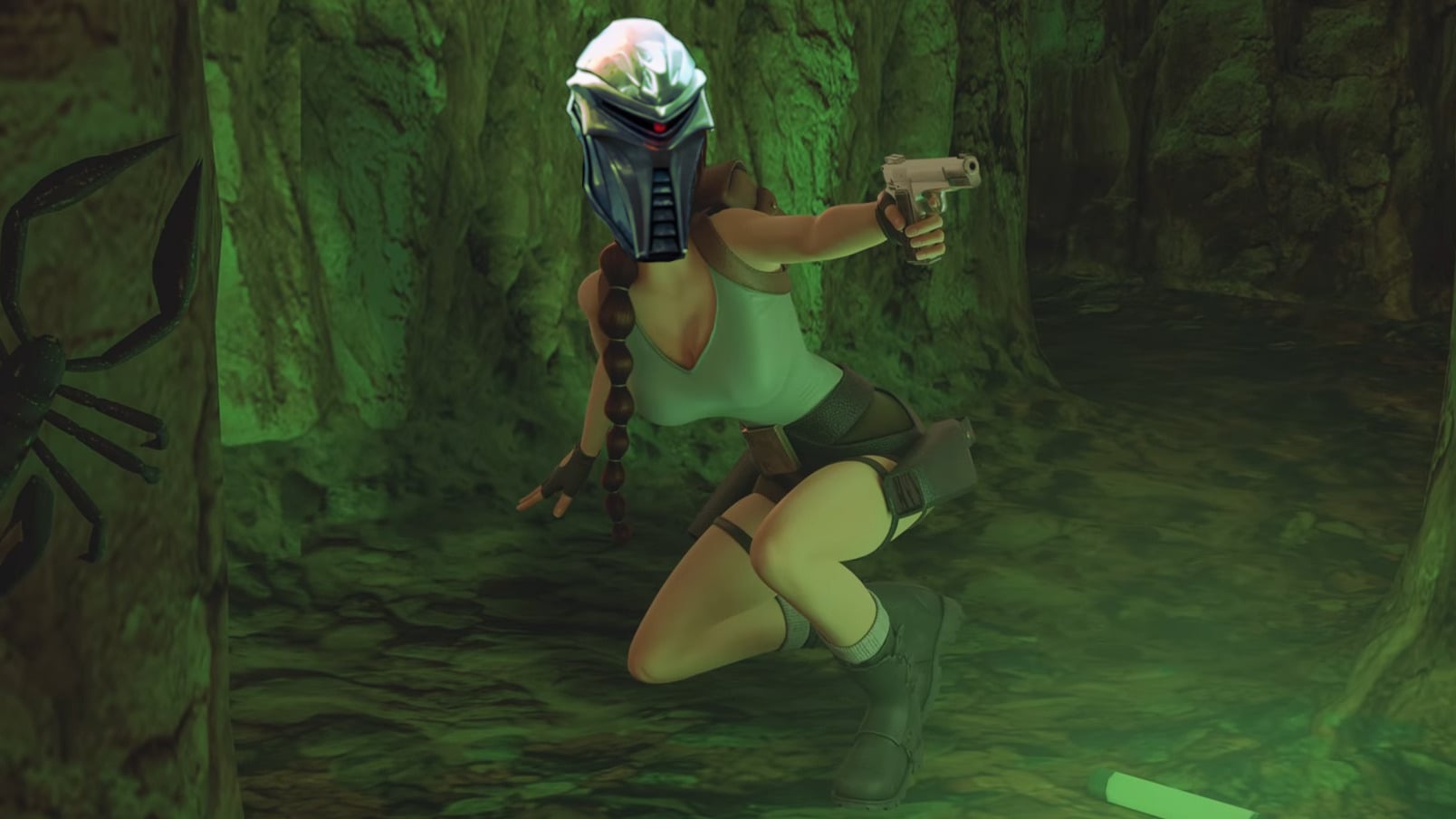 The head of a Cylon has been superimposed on an image of Lara Croft.