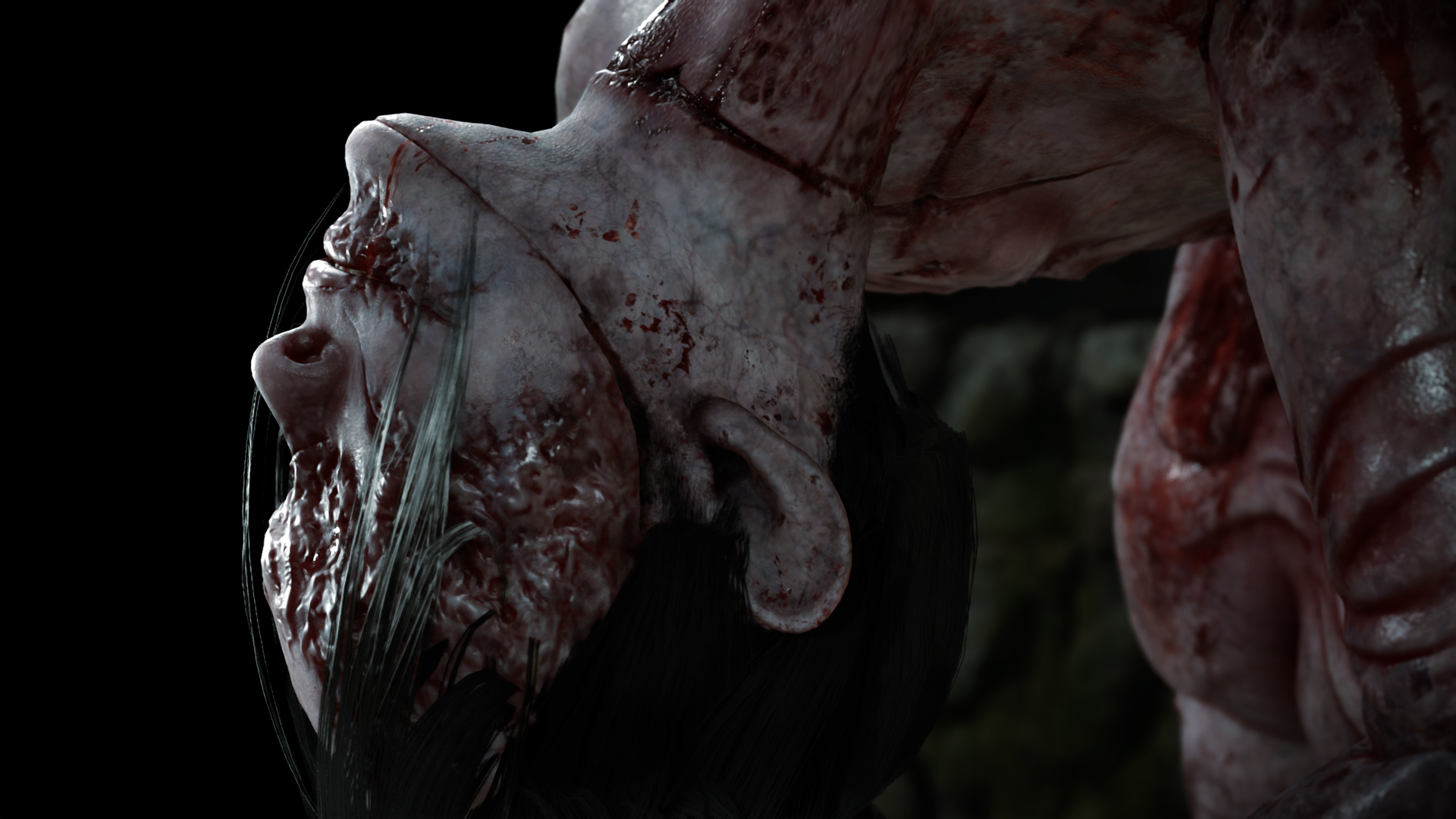 A bloody monster stands in a balletic pose.