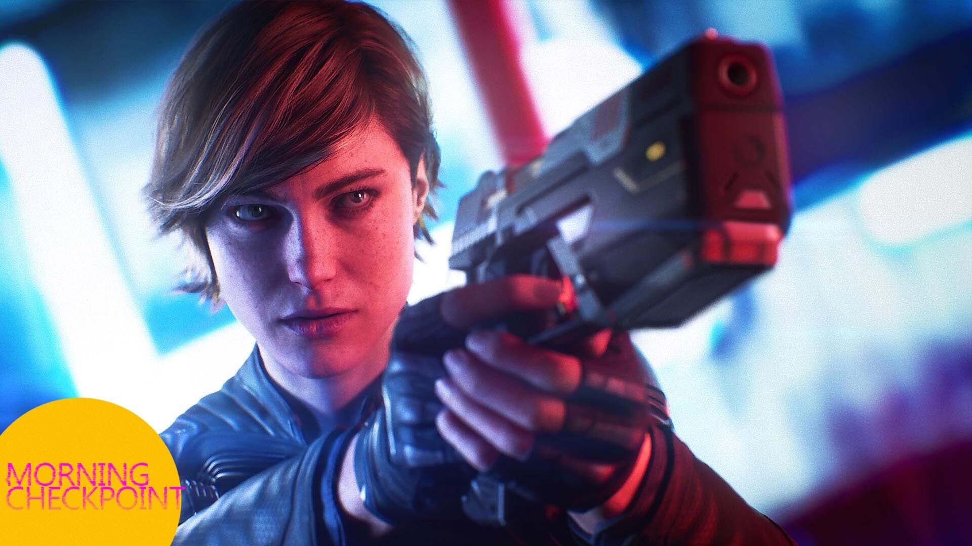 A woman holds a gun in neon lights.
