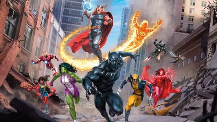 Avengers characters dash down a street.