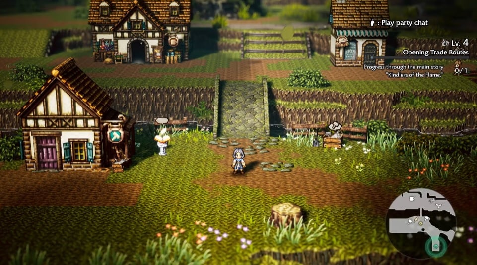 A pixel art sprite walks through a village. 