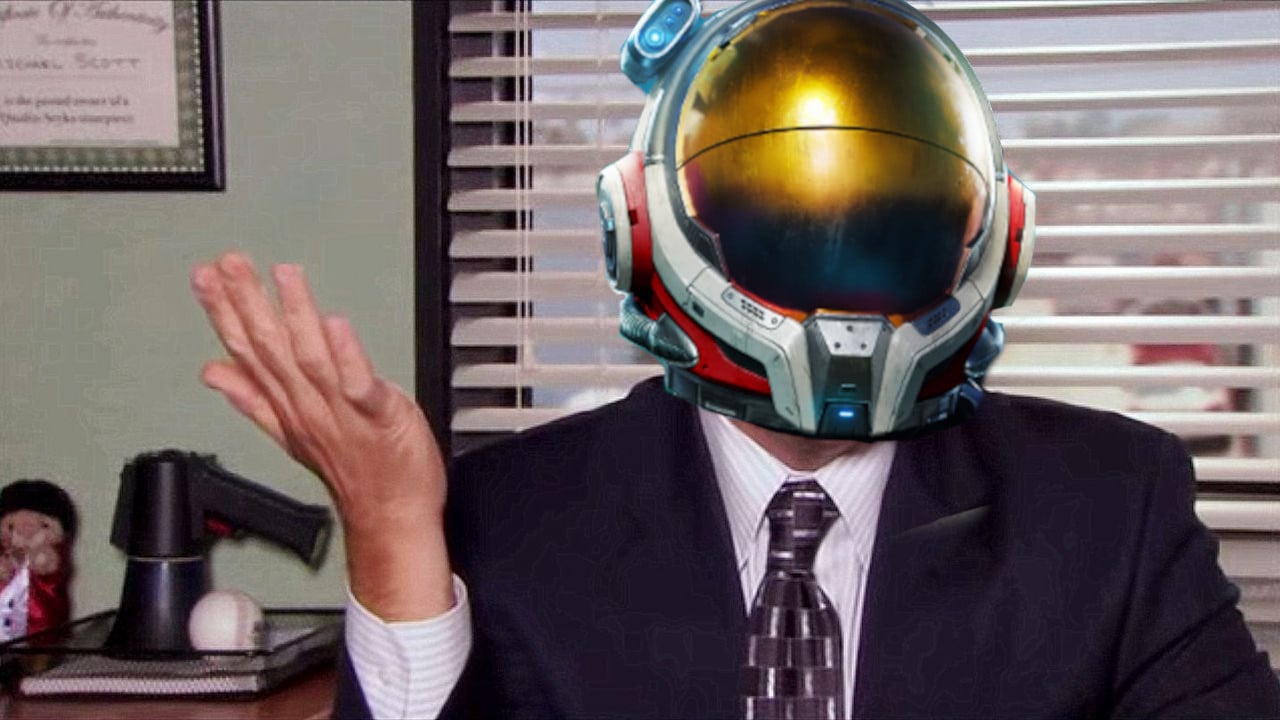 A picture of Michael Scott from The Office shows a space helmet from No Man's Sky superimposed on his face.