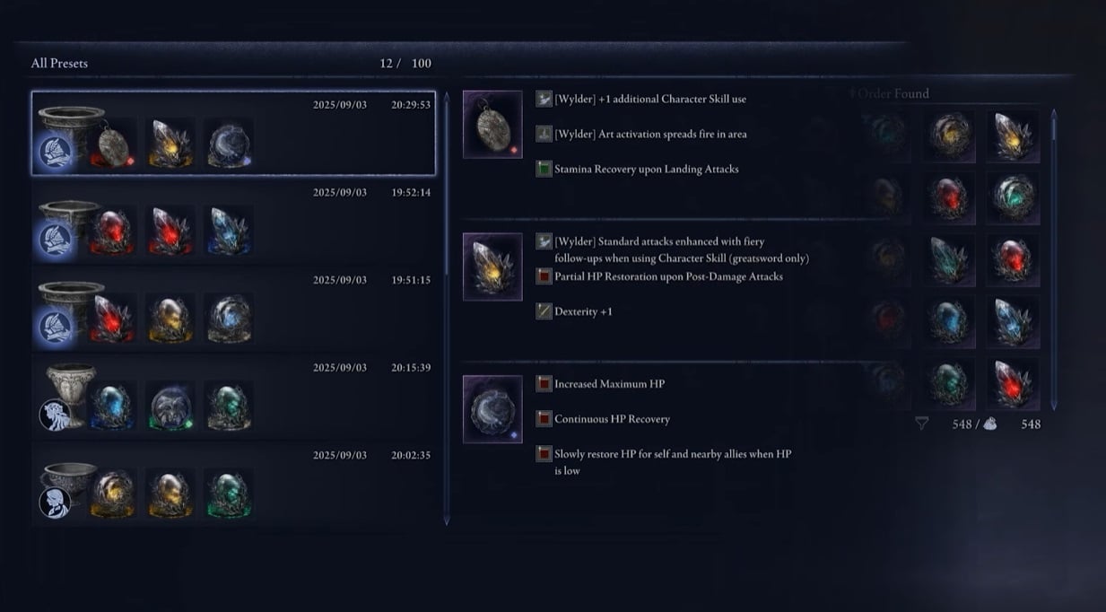 Relic presets show a Nightfarer's build.