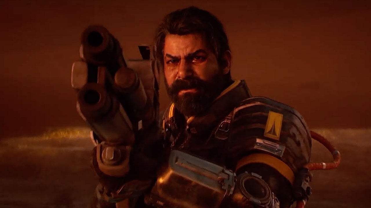 Saros' main character points a gun at something off-screen