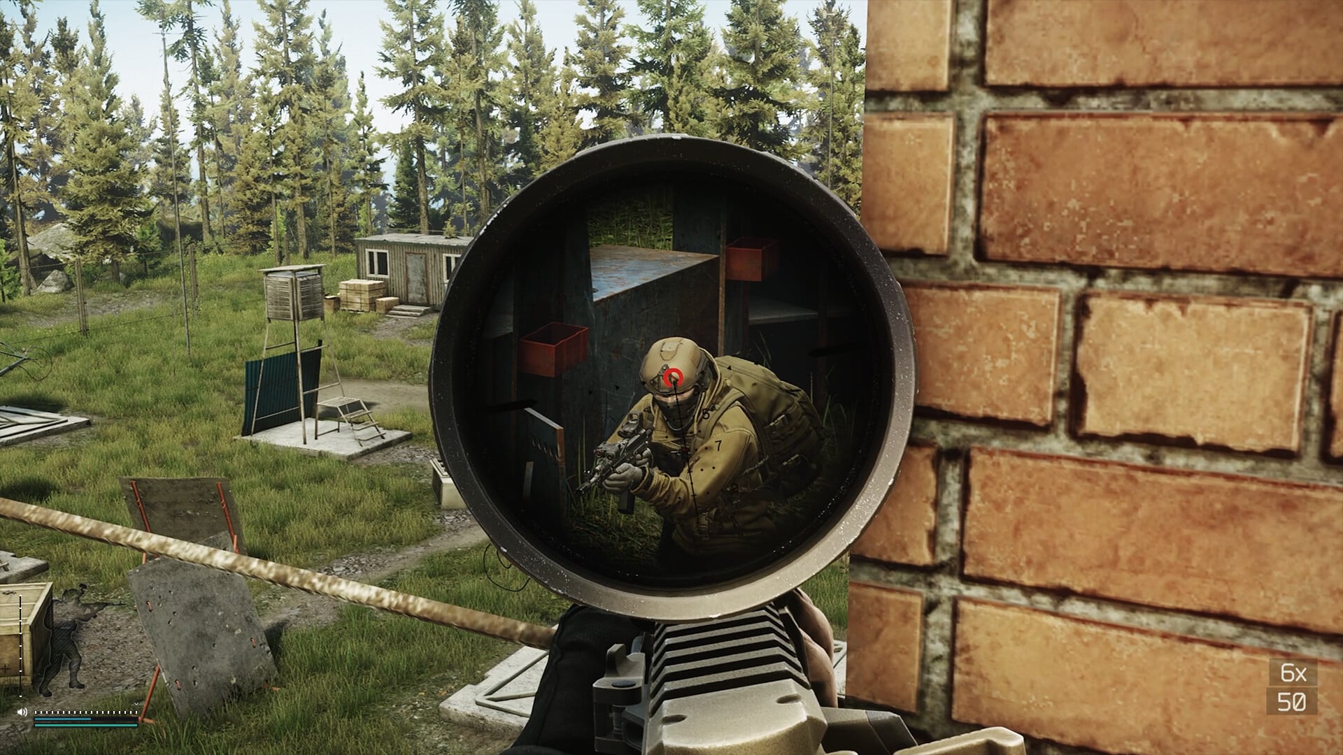 An enemy soldier is in the player's sights.