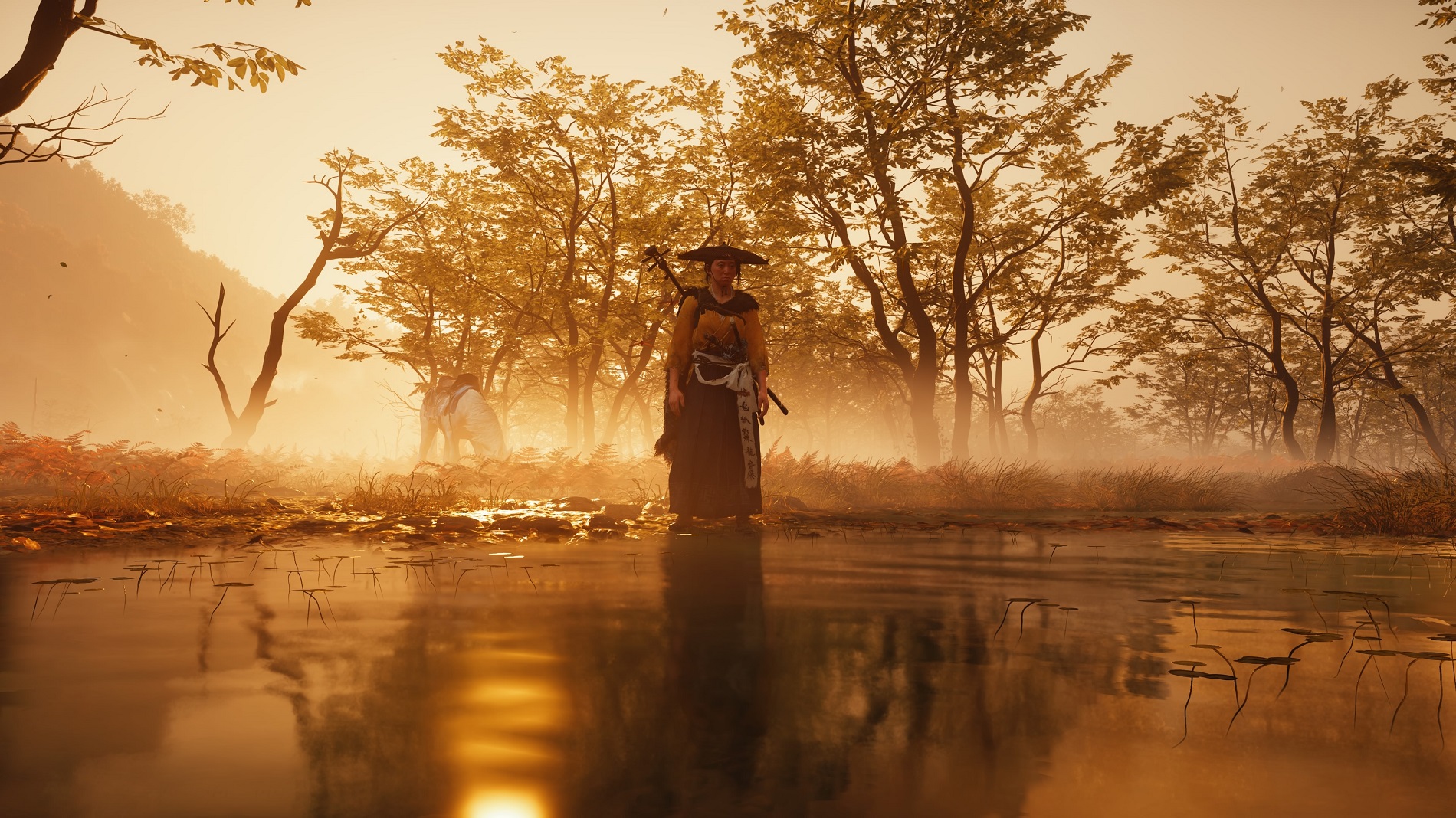 A woman stands over water at sunrise.
