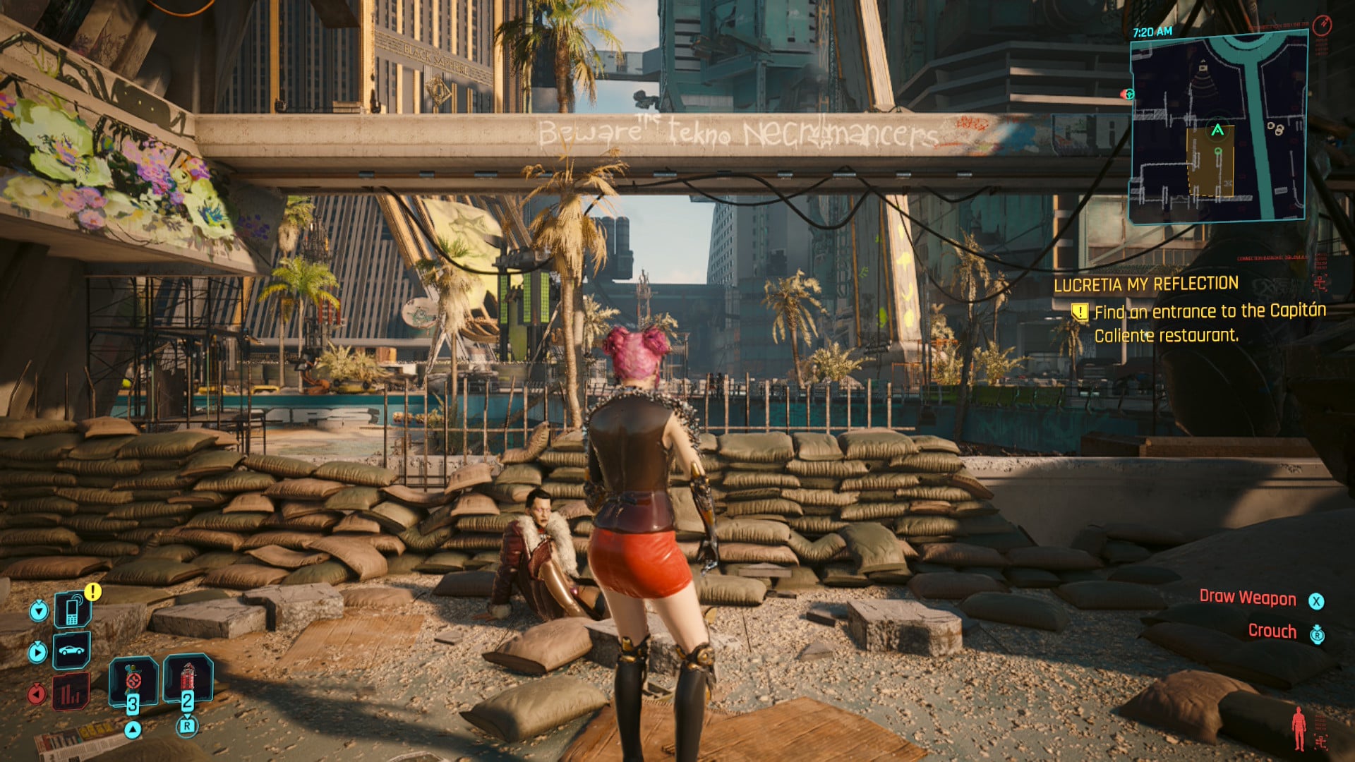 A punk woman dances in a futuristic city. 