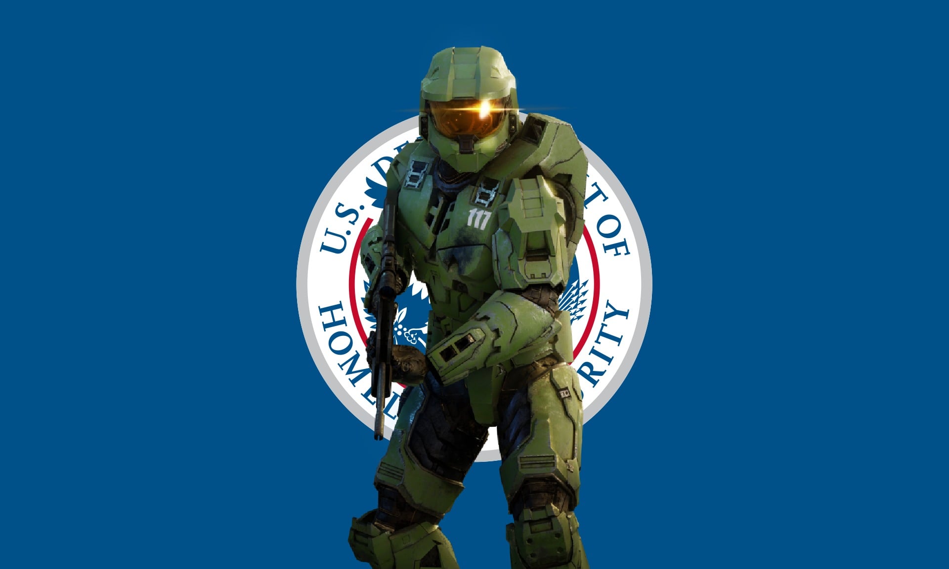 Master Chief in front of the logo for DHS