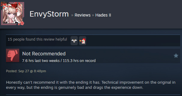 A Steam user review says:" Honestly can't recommend it with the ending it has. Technical improvement on the original in every way, but the ending is genuinely bad and drags the experience down. "