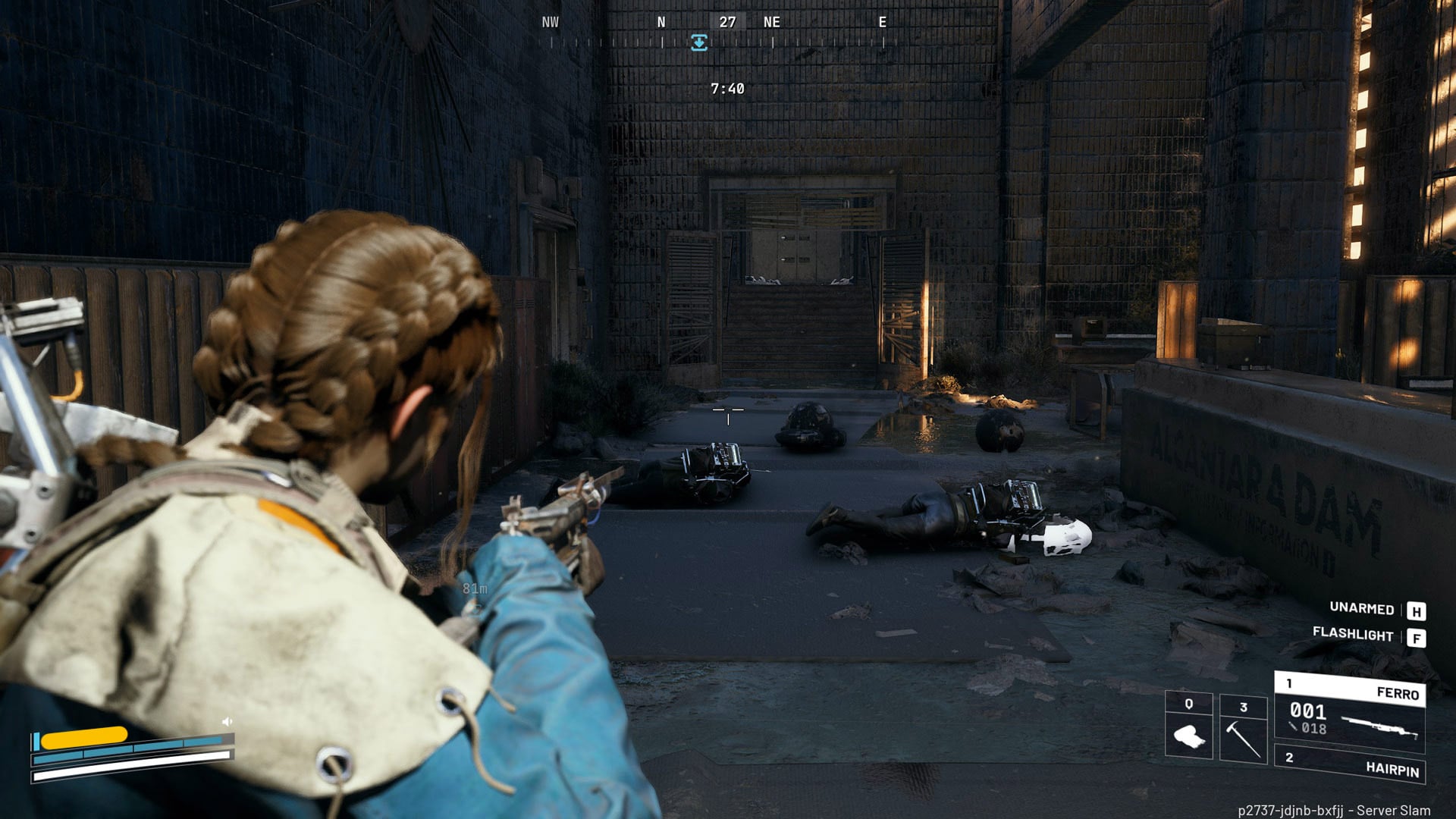 A player aims a weapon down a hallway with dead bodies.