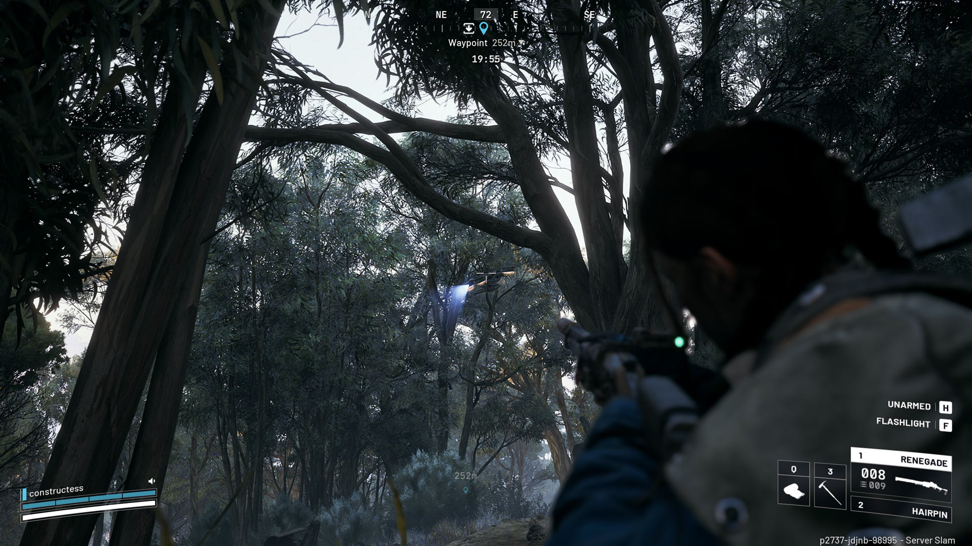 A player aims at a drone in the forest.