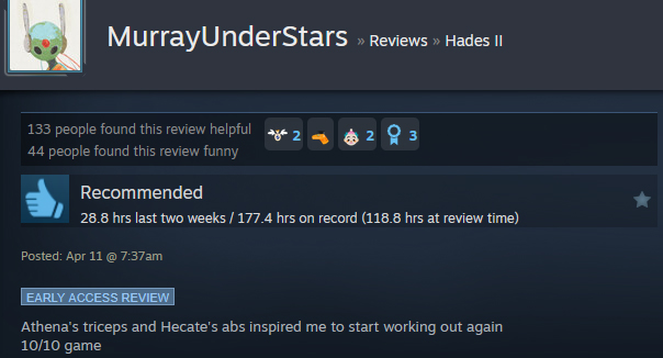 A Steam user review says:"Athena's triceps and Hecate's abs inspired me to start working out again 10/10 game"