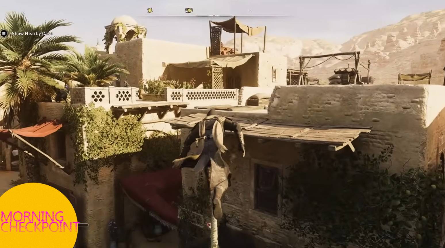 An assassin climbs roof tops.