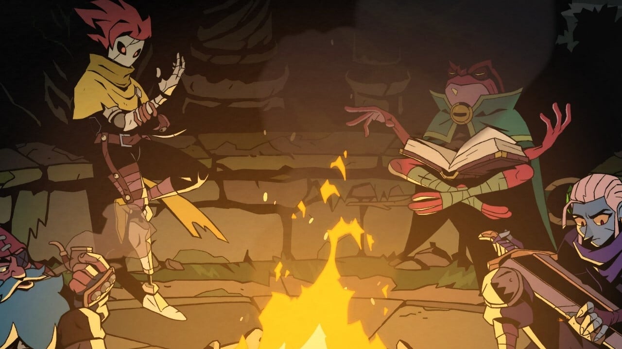 The cast of Absolum sitting around a fire.