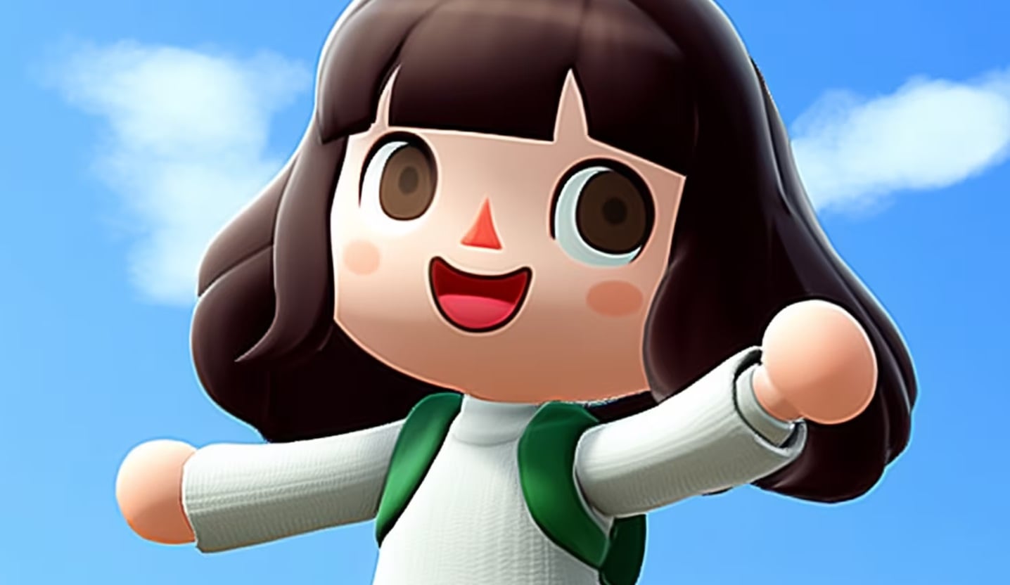 A character jumps in the air in front of a blue sky.