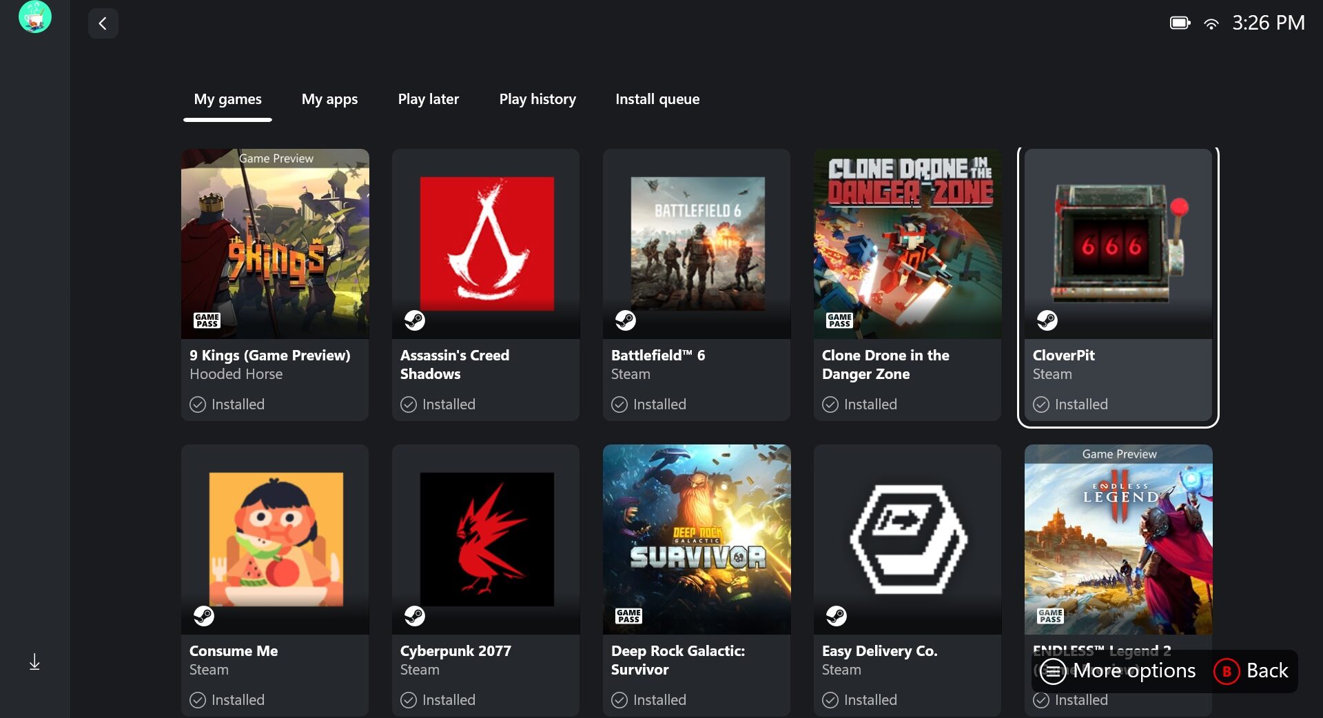 An ROG Xbox Ally menu is displayed.