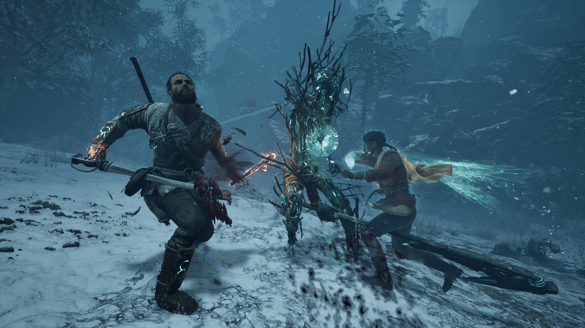 People fight with magic in the snow. 