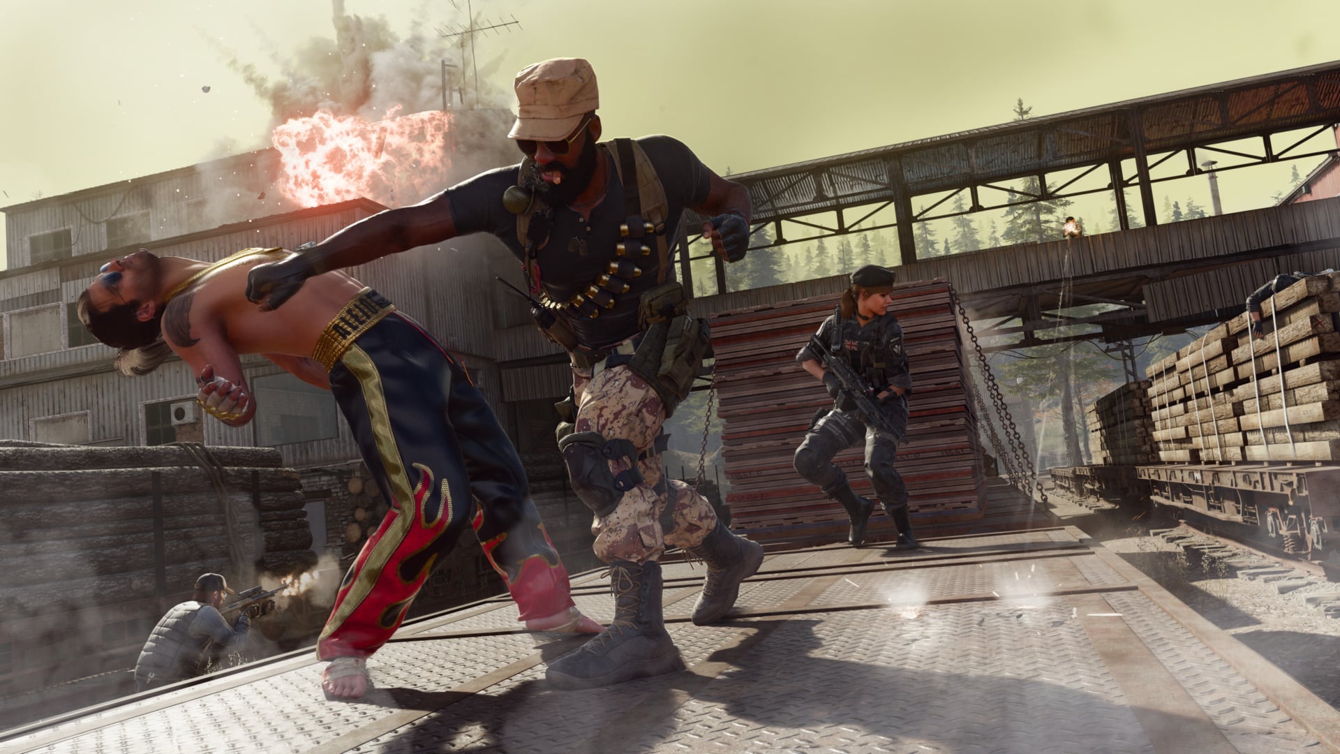 A soldier knocks out another soldier.