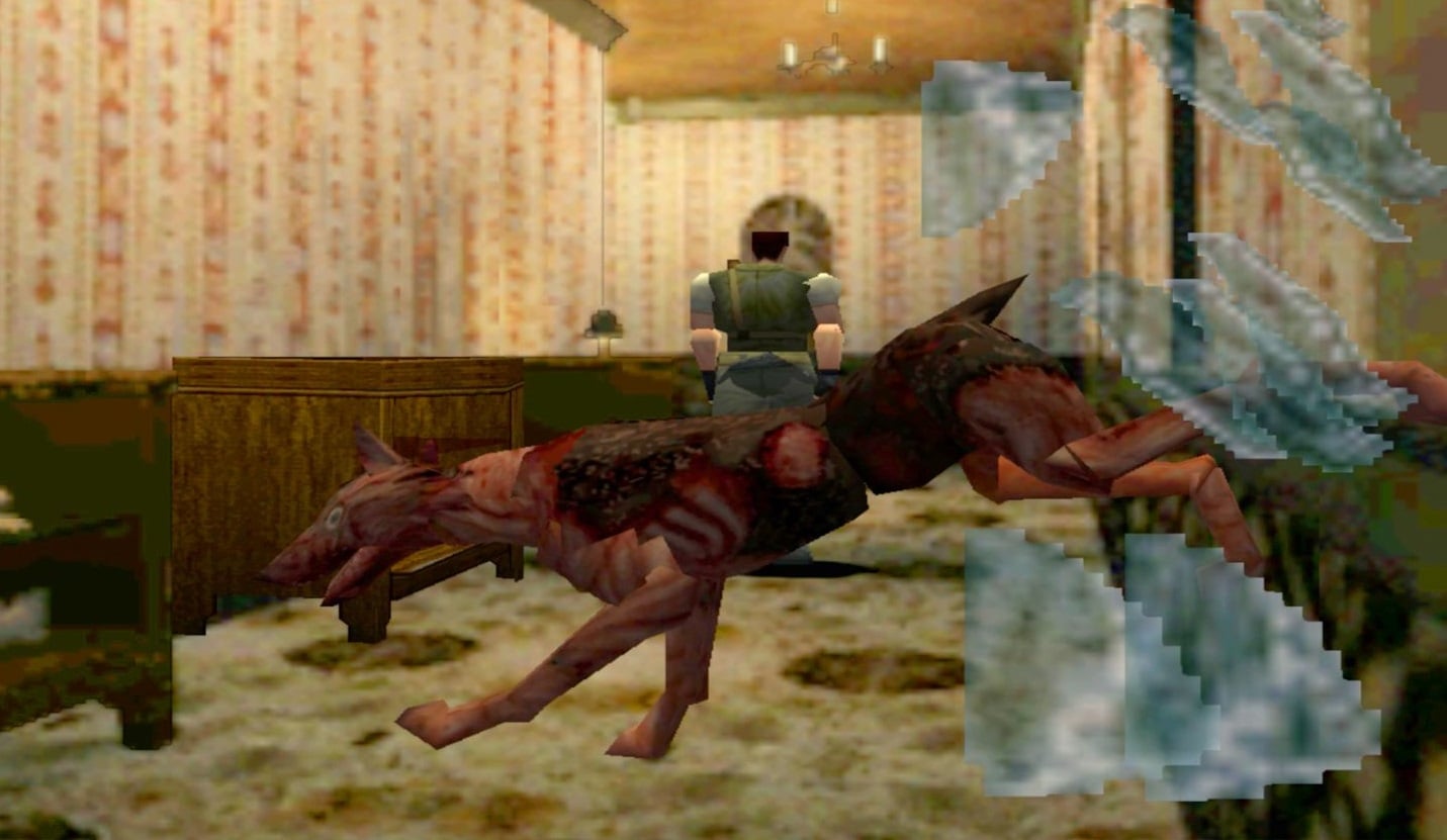 A dog breaks through glass. 