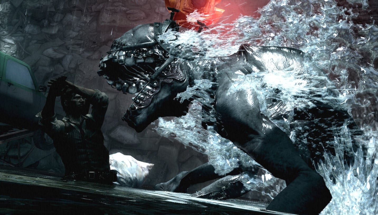 A guy fights a water monster. 