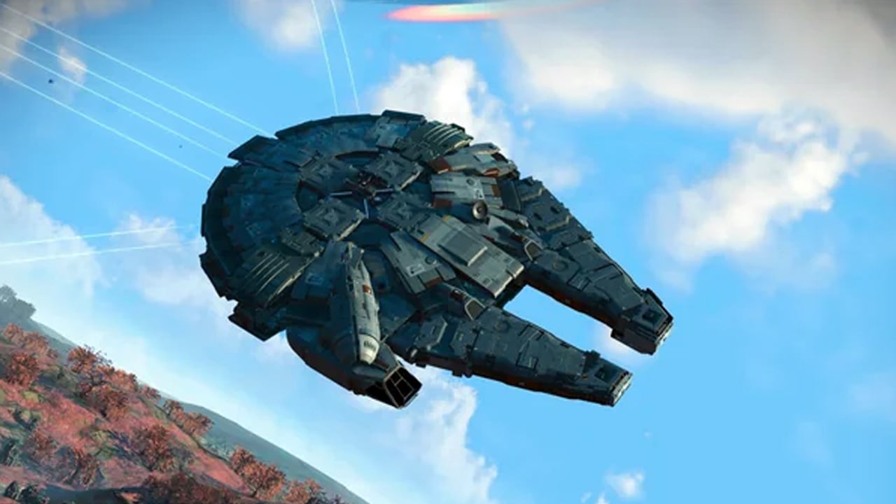 A fan-made Millennium Falcon flies over a planet in No Man's Sky.