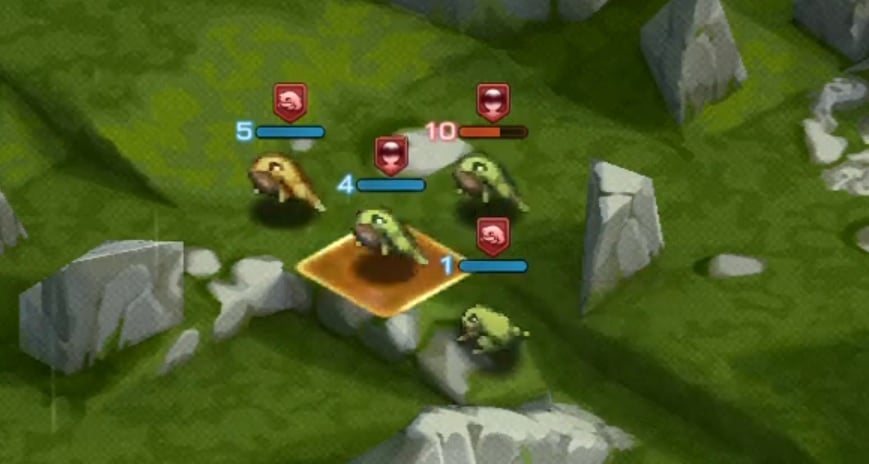 Frogs fight on the battlefield.