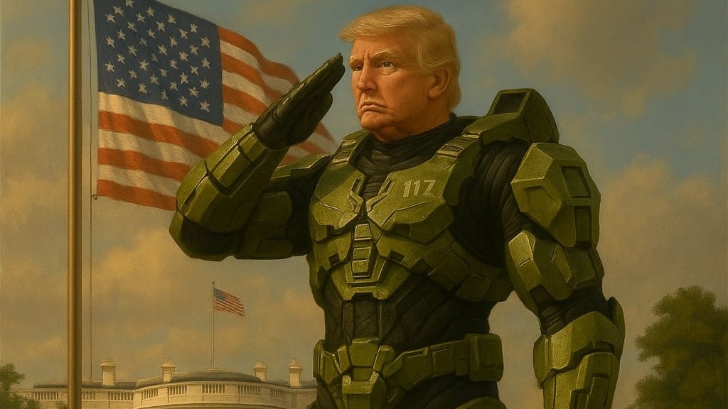 An AI mock-up of Trump saluting the American flag in a Master Chief suit.
