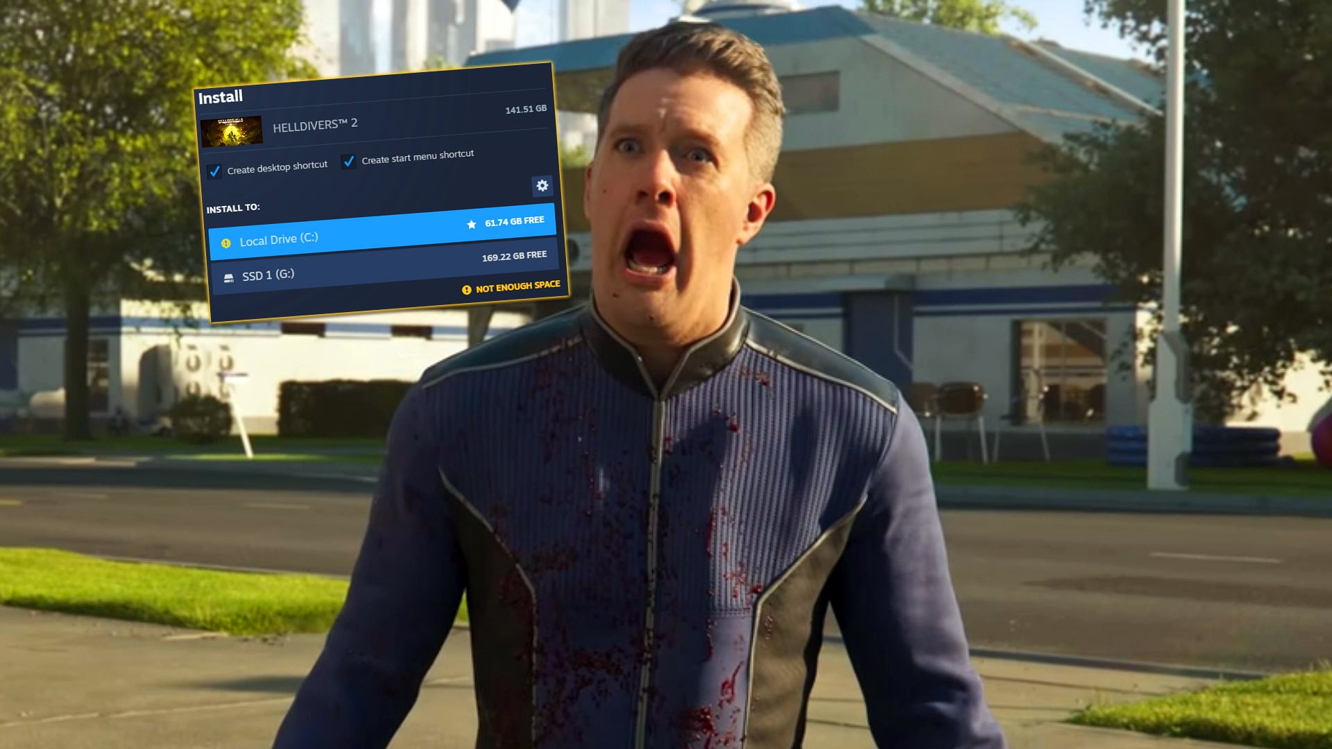 A man screams while the install prompt screen for3 Helldivers 2 hovers near him.